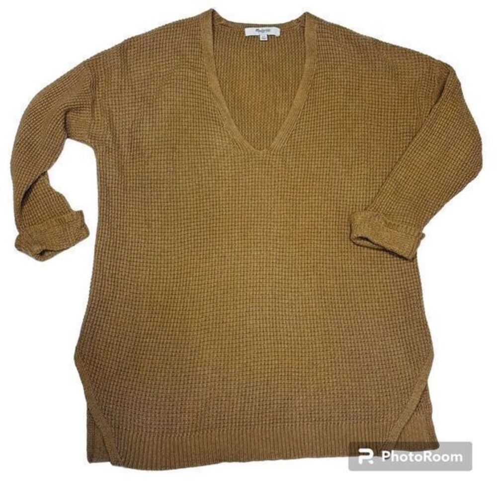 Madewell Brown Knit Sweater V Neck XS Woman's 3/4 Sleeve Tight Knit Rust Brown‎